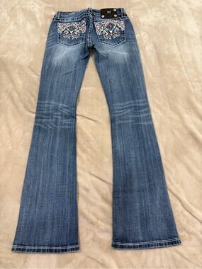 Miss Me Blue Flare Jeans with Aztec Embroidered Pockets waist size 26 inseam 34